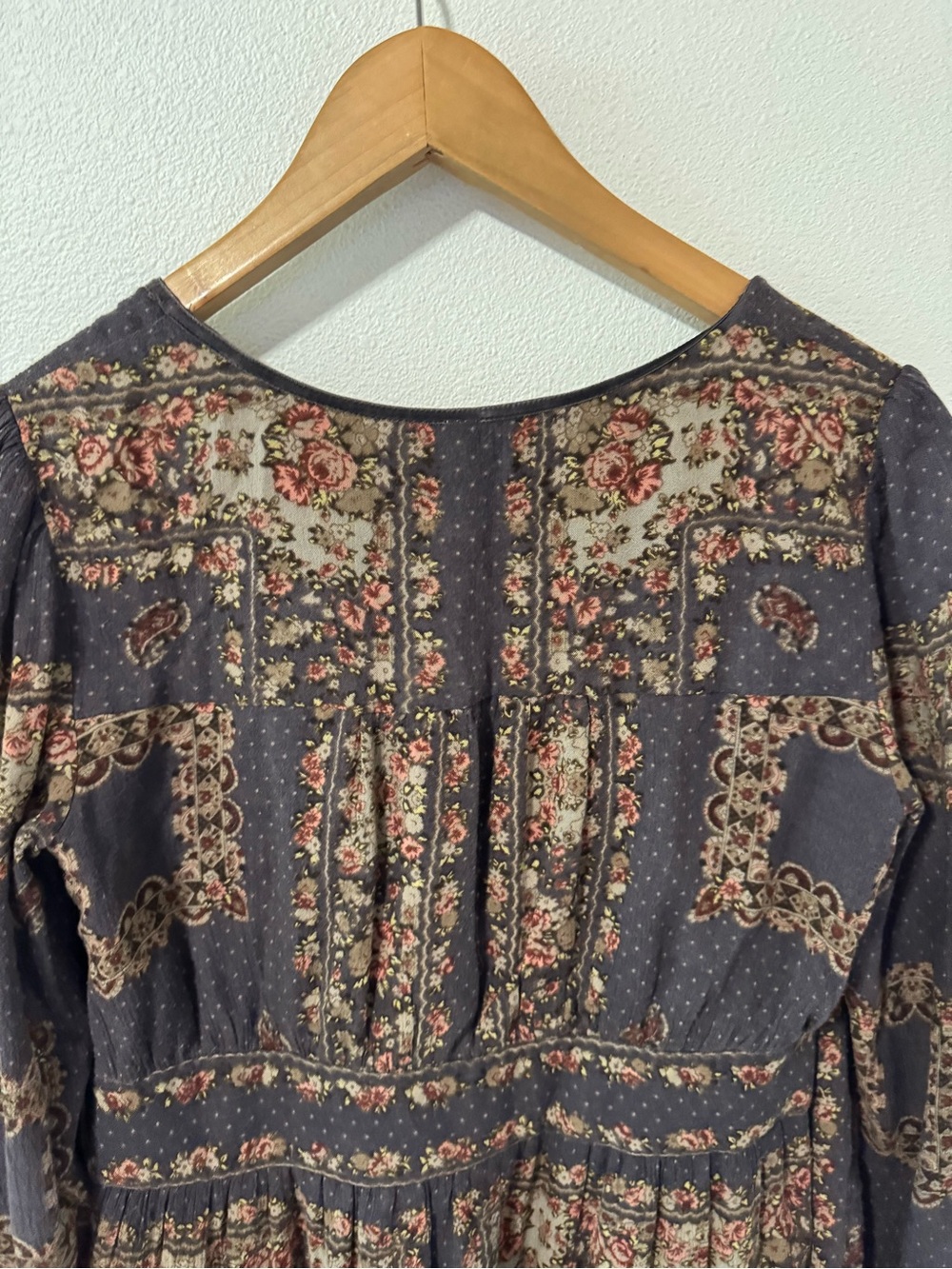 Free People Bridgette Mini Dress Brown Floral V Neck Tie Long Sleeve Peasant-S - Picture 8 of 11